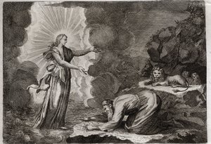 Bibbia di Royaumont, Antico Testamento: Liberazione di Daniele. Daniele, nella fossa dei leoni, è miracolosamente dissetato. Illustrazione del 1811 da Unknown artist