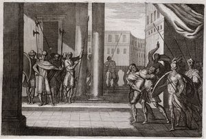 Bibbia di Royaumont, Antico Testamento: Dina uscì per curiosità a vedere le donne di Sichem, e il re di quella città le fece violenza, i suoi fratelli si vendicarono e uccisero tutti gli abitanti di Sichem con il re. Illustrazione del 1811.