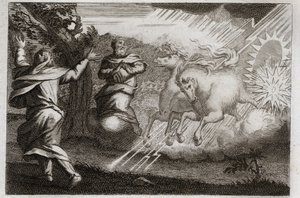 Bibbia di Royaumont, Antico Testamento: Elia è portato in cielo. Elia è portato in cielo su un carro di fuoco alla presenza del suo discepolo Eliseo. Illustrazione del 1811. da Unknown artist
