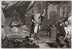 Bibbia di Royaumont, Antico Testamento: Ezechia riceve la salute. Il re Ezechia, malato a morte, riceve la salute e altri quindici anni di vita. Il profeta Isaia annuncia la sua guarigione. Illustrazione del 1811. da Unknown artist