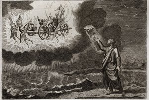 Bibbia di Royaumont, Antico Testamento: Ezechiele profeta. Il santo profeta ebbe una visione in cui il Signore gli apparve su un carro, portato da quattro cherubini. Illustrazione del 1811. da Unknown artist