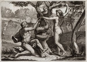 Bibbia di Royaumont, Antico Testamento: La Caduta di Adamo. Il Demonio sotto forma di serpente parla a Eva e la tenta a mangiare il frutto proibito: Eva cade e fa cadere anche Adamo. Illustrazione del 1811 da Unknown artist