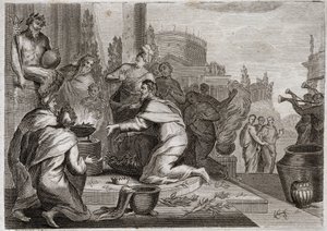 Bibbia di Royaumont, Antico Testamento: Caduta di Salomone. Salomone è corrotto dalle donne e offre incenso agli idoli dei falsi dèi. La sua morte. Illustrazione del 1811. da Unknown artist