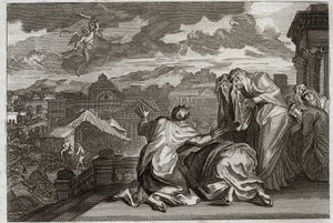 Bibbia di Royaumont, Antico Testamento: Flagello della Peste. E Davide, avendo fatto il censimento di tutto il suo popolo per vanità, Dio affligge il suo regno con una pestilenza che uccide settantamila uomini in tre giorni. Illustrazione del 1811.