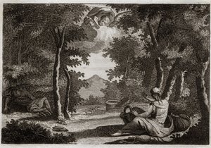 Bibbia di Royaumont, Antico Testamento: Fuga di Agar. Agar (Agar) racconta a Sara (Sara) la sua padrona. Sara la rimprovera con severità. Agar non può sopportarla e fugge dalla casa nel deserto, dove un angelo le parla per riportarla da Sara. da Unknown artist