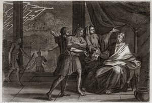 Bibbia di Royaumont, Antico Testamento: Amici di Giobbe. Giobbe invece di essere consolato da tre Principi, suoi amici, che vengono a trovarlo, riceve solo dolore perché volevano farlo sembrare colpevole. Illustrazione del 1811. da Unknown artist