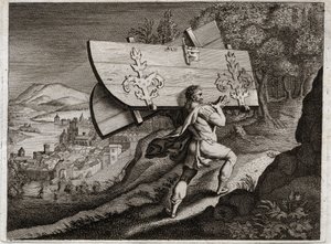 Bibbia di Royaumont, Antico Testamento: Porte di Gaza. Sansone, rinchiuso a Gaza, strappa le porte della città. Illustrazione del 1811.