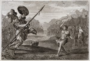 Bibbia di Royaumont, Antico Testamento: Gigante Golia. Golia, filisteo di grandezza prodigiosa, viene sconfitto da Davide, armato solo di una fionda e di un bastone. Illustrazione del 1811. da Unknown artist