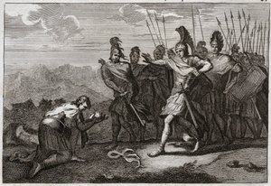 Bibbia di Royaumont, Antico Testamento: Testa di Saul. I Filistei gioiscono della morte di Saul e offrono la sua testa al loro idolo. Davide si rammarica della morte e va in Giudea, dove viene riconosciuto re a Hebron. Illustrazione del 1811. da Unknown artist