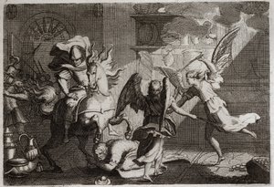 Bibbia di Royaumont, Antico Testamento: Eliodoro cacciato dal tempio. Eliodoro, inviato dal suo sovrano a saccheggiare il Tempio di Gerusalemme, fu battuto con verghe dagli angeli. Illustrazione del 1811. da Unknown artist