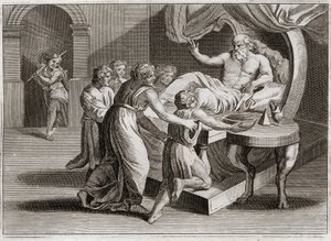 Bibbia di Royaumont, Antico Testamento: Isacco benedice Giacobbe. Isacco, desiderando benedire Esaù, dà la sua benedizione a Giacobbe per la saggezza di Rebecca, secondo il piano di Dio. Illustrazione del 1811. da Unknown artist