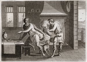 Bibbia di Royaumont, Antico Testamento: Giacobbe ed Esaù. Esaù vende a suo fratello Giacobbe il suo diritto di primogenitura per delle lenticchie. Illustrazione del 1811 da Unknown artist