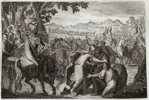 Bibbia di Royaumont, Antico Testamento: Giacobbe va in Egitto. Giacobbe va a trovare Giuseppe con tutta la sua famiglia. Illustrazione del 1811. da Unknown artist
