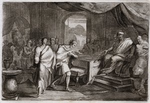 Bibbia di Royaumont, Antico Testamento: Gioachino liberato dalle catene. Evilmerodach, re di Babilonia, dopo la morte di Nabucodonosor II, libera Gioachino, ex re di Giuda, dalle catene e lo fa sedere sul trono. Illustrazione del 1811.