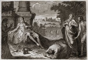 Bibbia di Royaumont, Antico Testamento: Giobbe sul letame. Il santo uomo Giobbe è tentato dal demonio che gli porta via tutti i suoi beni e tutti i suoi figli, e lo colpisce con una terribile piaga, lasciandogli solo la moglie che lo porta con impazienza.  da Unknown artist