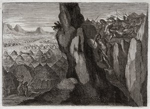 Bibbia di Royaumont, Antico Testamento: Gionata e il suo scudiero. Gionata, figlio del re Saul, va da solo con il suo scudiero nel campo dei Filistei e li mette in fuga. Illustrazione del 1811. da Unknown artist