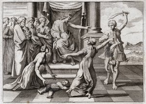 Bibbia di Royaumont, Antico Testamento: Giudizio di Salomone. Il famoso giudizio di Salomone tra due donne, per riconoscere quale delle due fosse la madre di un bambino, che entrambe affermavano essere suo. Illustrazione del 1811. da Unknown artist
