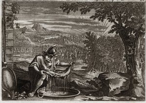 Bibbia di Royaumont, Antico Testamento: Il miracolo del vello. Gedeone ottiene da Dio il miracolo del vello come prova che lo aveva scelto e che lo avrebbe fatto liberatore del suo popolo. Illustrazione del 1811 da Unknown artist