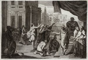 Bibbia di Royaumont, Antico Testamento: Mosè davanti al Faraone. Mosè chiede al Faraone di lasciare che gli Ebrei vadano nel deserto a sacrificare al Signore. Illustrazione del 1811. da Unknown artist
