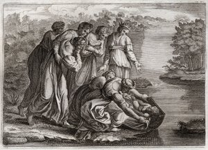 Bibbia di Royaumont, Antico Testamento: Mosè salvato dalle acque. La figlia del faraone ritira Mosè dalle acque del Nilo e lo adotta come suo figlio. Illustrazione del 1811.