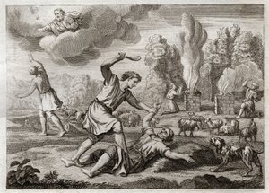 Bibbia di Royaumont, Antico Testamento: Omicidio di Abele. Caino porta suo fratello con invidia contro Abele, portandolo in campagna come per passeggiare, e lo uccide. Illustrazione del 1811 da Unknown artist