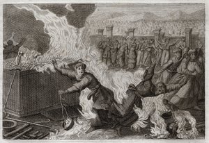 Bibbia di Royaumont, Antico Testamento: Nadab e Abiu. Nadab e Abiu, figli di Aronne, che misero un fuoco estraneo nei loro incensieri per offrire incenso a Dio, furono bruciati nel Tabernacolo stesso. Illustrazione del 1811 da Unknown artist