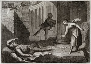 Bibbia di Royaumont, Antico Testamento: Il vecchio Tobia perde la vista. Il santo uomo Tobia perde la vista e sopporta questo male con estrema pazienza. Illustrazione del 1811. da Unknown artist