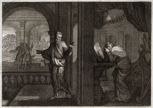 Bibbia di Royaumont, Antico Testamento: La penitenza di Davide. Dio manda il suo profeta Nathan a Davide per rappresentare la sua colpa. Il pentimento di questo santo re lo fa accettare tutti i mali che il profeta gli aveva predetto. Illustrazione del 1811 da Unknown artist