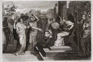 Bibbia di Royaumont, Antico Testamento: Pietà di Giosafat. Giosafat, il più pio re di Giuda, fa tremare tutti i principi che lo circondano, e testimonia in vari modi la sua pietà verso Dio, che lo rende vittorioso sui suoi nemici. Illustrazione del 1811 da Unknown artist