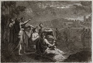 Bibbia di Royaumont, Antico Testamento: Predizioni su Gerusalemme. Dio ha sollevato le armi in aria su Gerusalemme, per infliggerle i mali che dovevano abbattersi su di lei. Illustrazione del 1811 da Unknown artist
