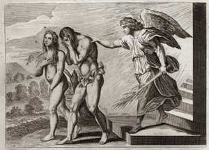 Bibbia di Royaumont, Antico Testamento: Punizione di Adamo. Dio scaccia Adamo ed Eva dal Paradiso dopo la loro caduta, e mette un Cherubino alla porta per difendere l