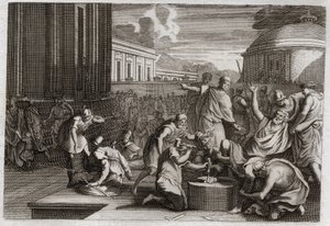 Bibbia di Royaumont, Antico Testamento: Punizione di Adonibesec. Morte di Giosuè. Re Adonibesec, sfidato dagli Ebrei, viene mutilato delle estremità dei piedi e delle mani, come lui stesso aveva fatto a settanta re. Illustrazione del 1811 da Unknown artist
