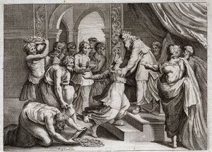 Bibbia di Royaumont, Antico Testamento: Regina di Saba. La Regina di Saba viene da Salomone per ascoltare la sua saggezza e offrirgli doni. Illustrazione del 1811.