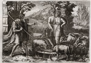 Bibbia di Royaumont, Antico Testamento: Rachele e Lea. Giacobbe serve Labano, suo zio, per sposare sua figlia Rachele. Illustrazione del 1811 da Unknown artist