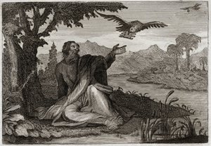 Bibbia di Royaumont, Antico Testamento: Corvi di Elia. Dio colpì la terra con una sterilità di tre anni, mandò il profeta Elia presso un ruscello, dove due corvi gli portarono cibo. Illustrazione del 1811.