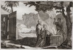 Bibbia di Royaumont, Antico Testamento: Sacrificio di Gedeone. Gedeone è chiamato da Dio a liberare gli Ebrei dai loro nemici. Offre un sacrificio su una pietra, dalla quale esce un fuoco che lo consuma. Illustrazione del 1811