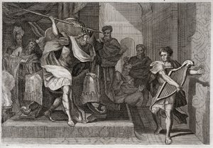 Bibbia di Royaumont, Antico Testamento: Saul vuole uccidere Davide. Saul pieno di rabbia e invidia contro Davide, vuole trafiggerlo con la sua lancia mentre suonava l