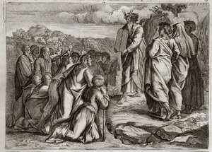Bibbia di Royaumont, Antico Testamento: Seconda Tavola della Legge. Dio dà a Mosè altre tavole (Dieci Comandamenti), che il popolo riceve con rispetto. Illustrazione del 1811. da Unknown artist