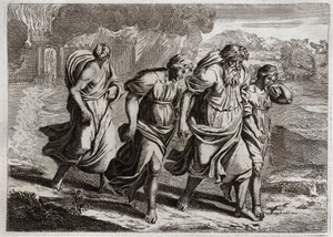 Bibbia di Royaumont, Antico Testamento: Sodoma bruciata. Dio irritato dai crimini abominevoli di Sodoma, la brucia con le altre città vicine, con una pioggia di fuoco e zolfo che brucia dal cielo (Lot, le sue figlie e sua moglie fuggono dalla città). Illus da Unknown artist