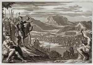 Bibbia di Royaumont, Antico Testamento: Soldati di Gedeone. Dio comanda a Gedeone di condurre tutte le sue truppe al fiume Giordano e gli dà un segno per discernere quelli che doveva usare per combattere contro i Madianiti. Illustrazione del 1811 da Unknown artist