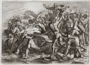 Bibbia di Royaumont, Antico Testamento: Sole fermo. Giosuè inseguendo i suoi nemici amorrei (amorriti) fa fermare il Sole, così da avere più tempo per sconfiggerli. Illustrazione del 1811. da Unknown artist