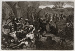 Bibbia di Royaumont, Antico Testamento: Ladri di Siceleg. Alcuni Amaleciti vengono a saccheggiare Siceleg in assenza di Davide. Illustrazione del 1811. da Unknown artist