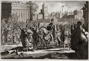 Bibbia di Royaumont, Antico Testamento: Trionfo di Mardocheo. Aman è costretto dal re a proclamare il trionfo di Mardocheo, suo nemico, in tutta la città di Susa. Illustrazione del 1811.