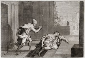 Bibbia di Royaumont, Antico Testamento: Donna del Levita oltraggiato. La moglie del Levita fu trovata morta alla porta dopo essere stata abusata da delinquenti. Illustrazione del 1811 da Unknown artist