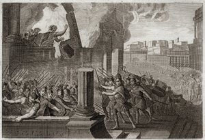 Bibbia di Royaumont, Antico Testamento: Zambri si brucia. Zambri, avendo rivoltato contro Ela, il quarto re di Israele, si assedia a Thersa, dove si brucia con tutta la sua famiglia nel suo palazzo. Illustrazione del 1811.