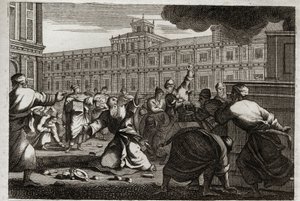 Bibbia di Royaumont, Antico Testamento: Zaccaria lapidato. Zaccaria, il Sommo Sacerdote, è lapidato per ordine di Ioas, re di Giuda, perché non seguiva i suoi ordini. Illustrazione del 1811 da Unknown artist