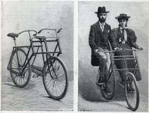 Bicicletta a due posti della fabbrica "Punnett Cycle" senza e con ciclisti. Incisione in "La Nature" da Unknown artist