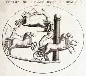 Corse di bighe e quadrighe. Incisione del XIX secolo da Unknown artist