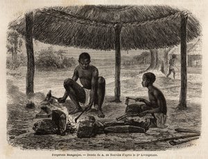 Fabbro manganjas (gruppo etnico della regione dello Zambeze). Incisione per illustrare i primi viaggi del Dr. Livingstone in Africa meridionale dal 1840 al 1856, in 