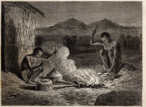 Fabbri a Simiango, sulle rive del fiume Zambesi. Incisione per illustrare i primi viaggi del Dr. Livingstone nell